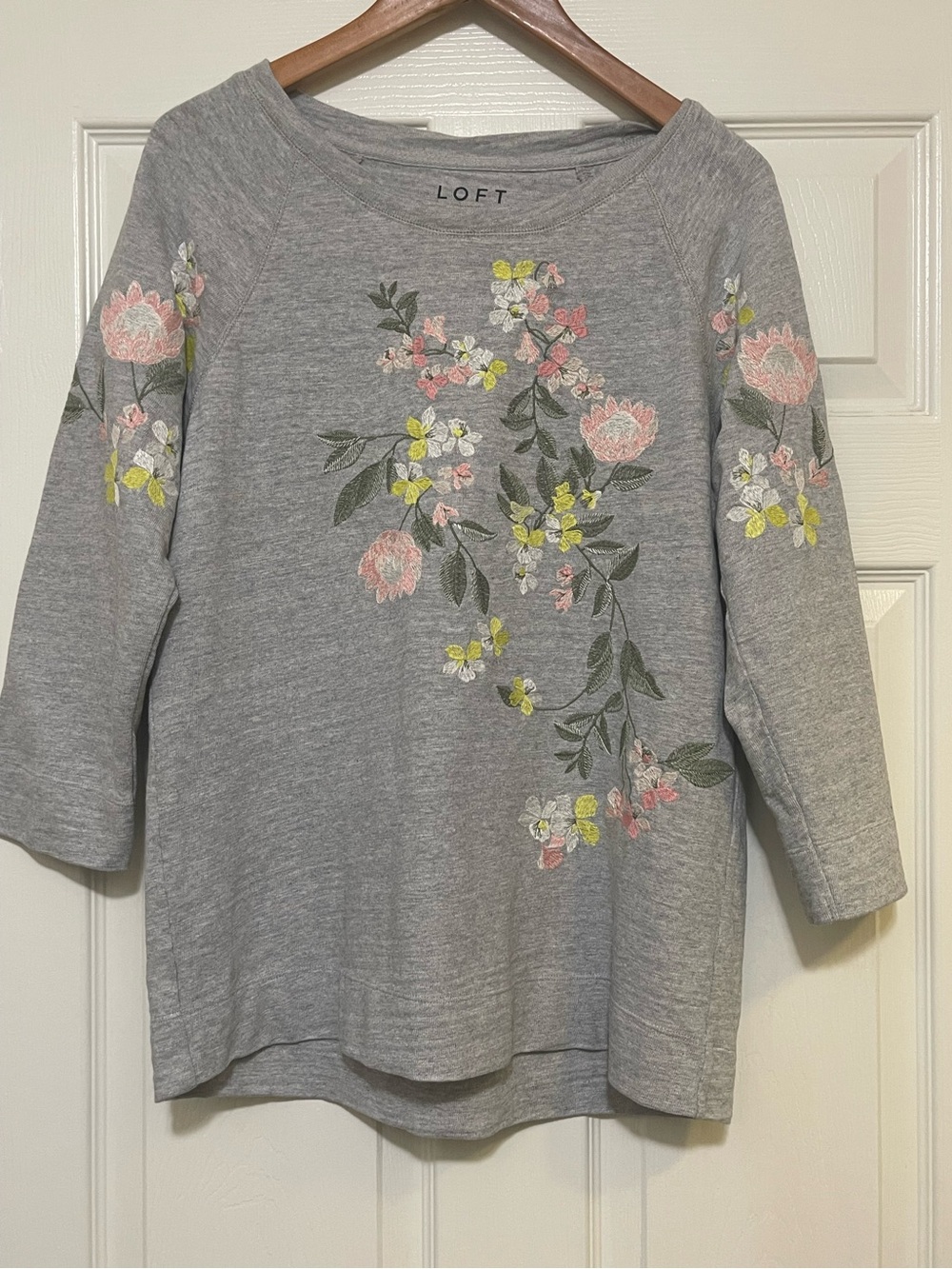 LOFT Heather Gray sweater with Floral Embroidery